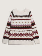 Boho Print Round Neck Ribbed Hem Pullover