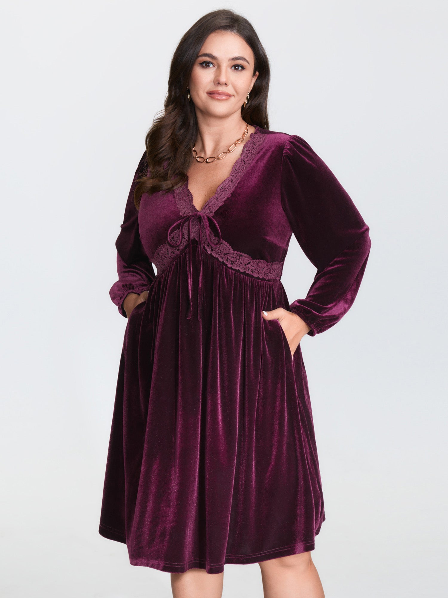 Velvet Lace Trim Stretchy Waist Midi Dress