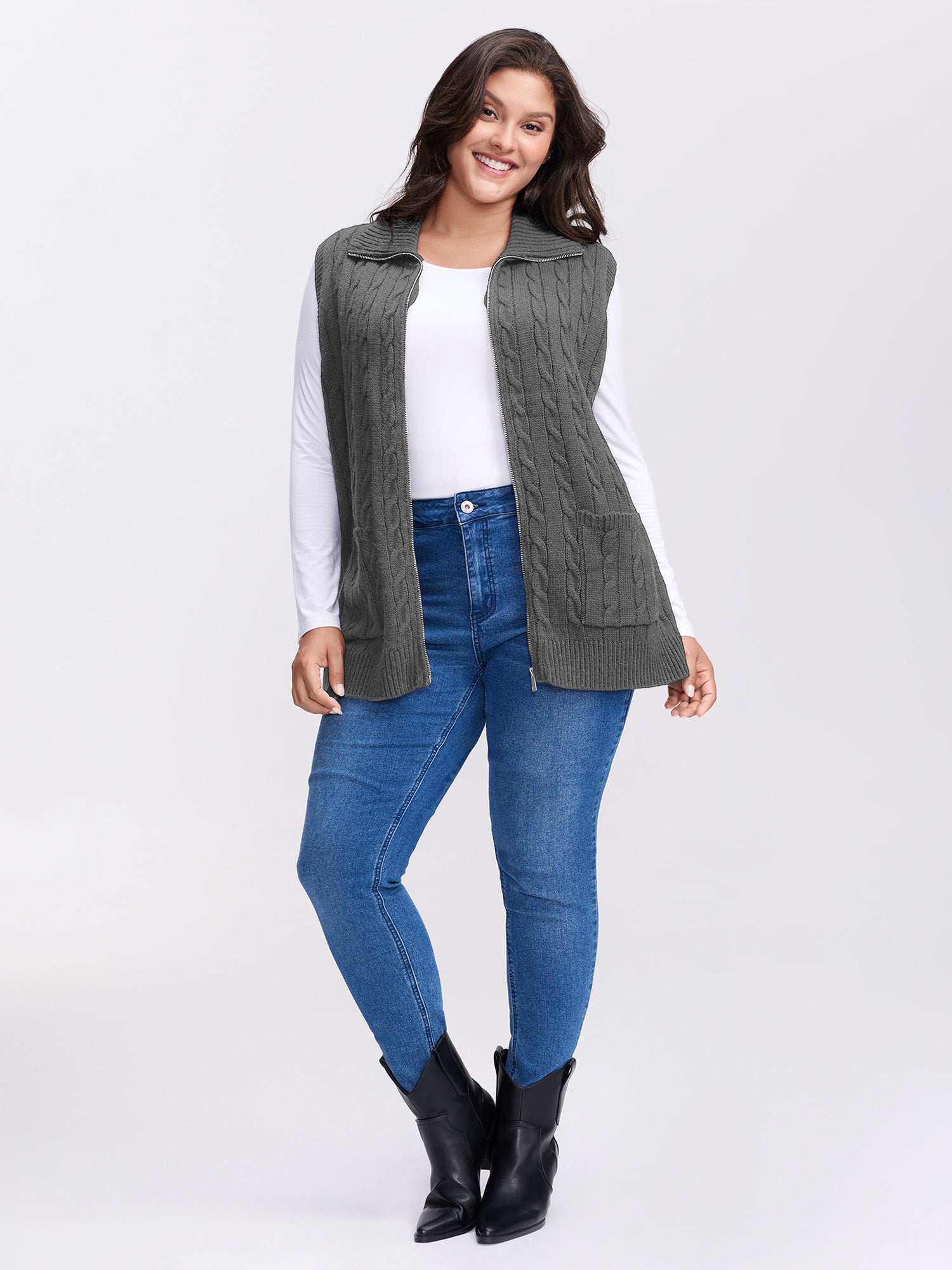 Cable Zipper Sleeveless Knit Cardigan