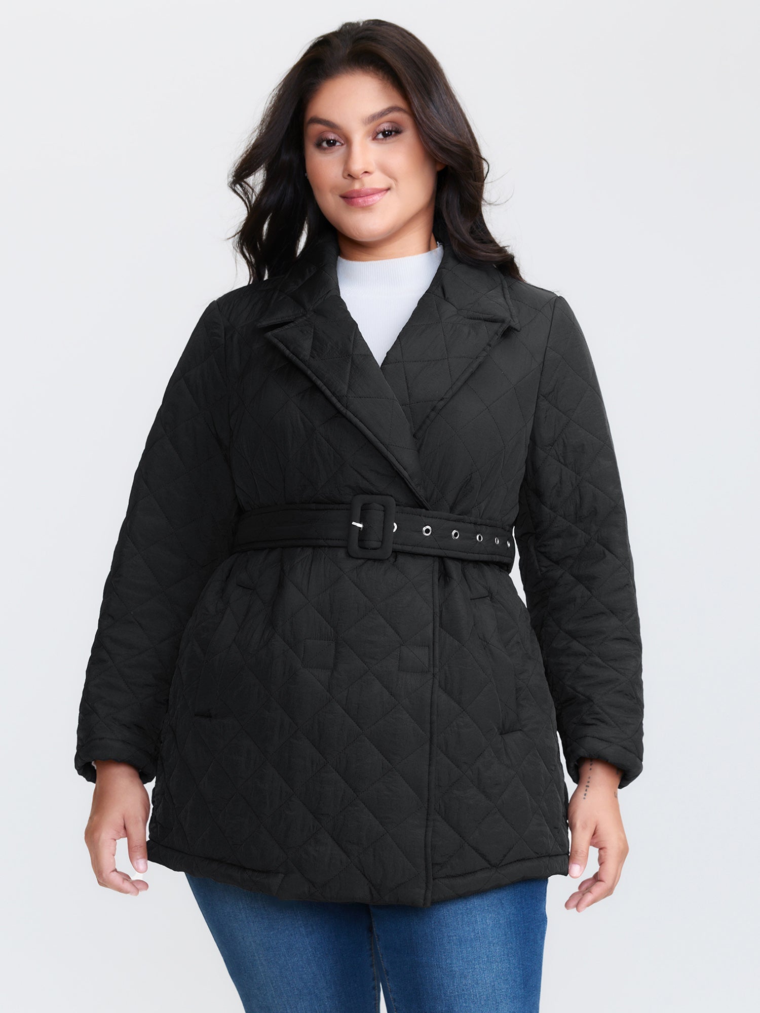 Quilted Adjustable Belt Solid Color Coat