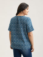 Floral Ruffle Sleeve Gathered Round Neck Blouse