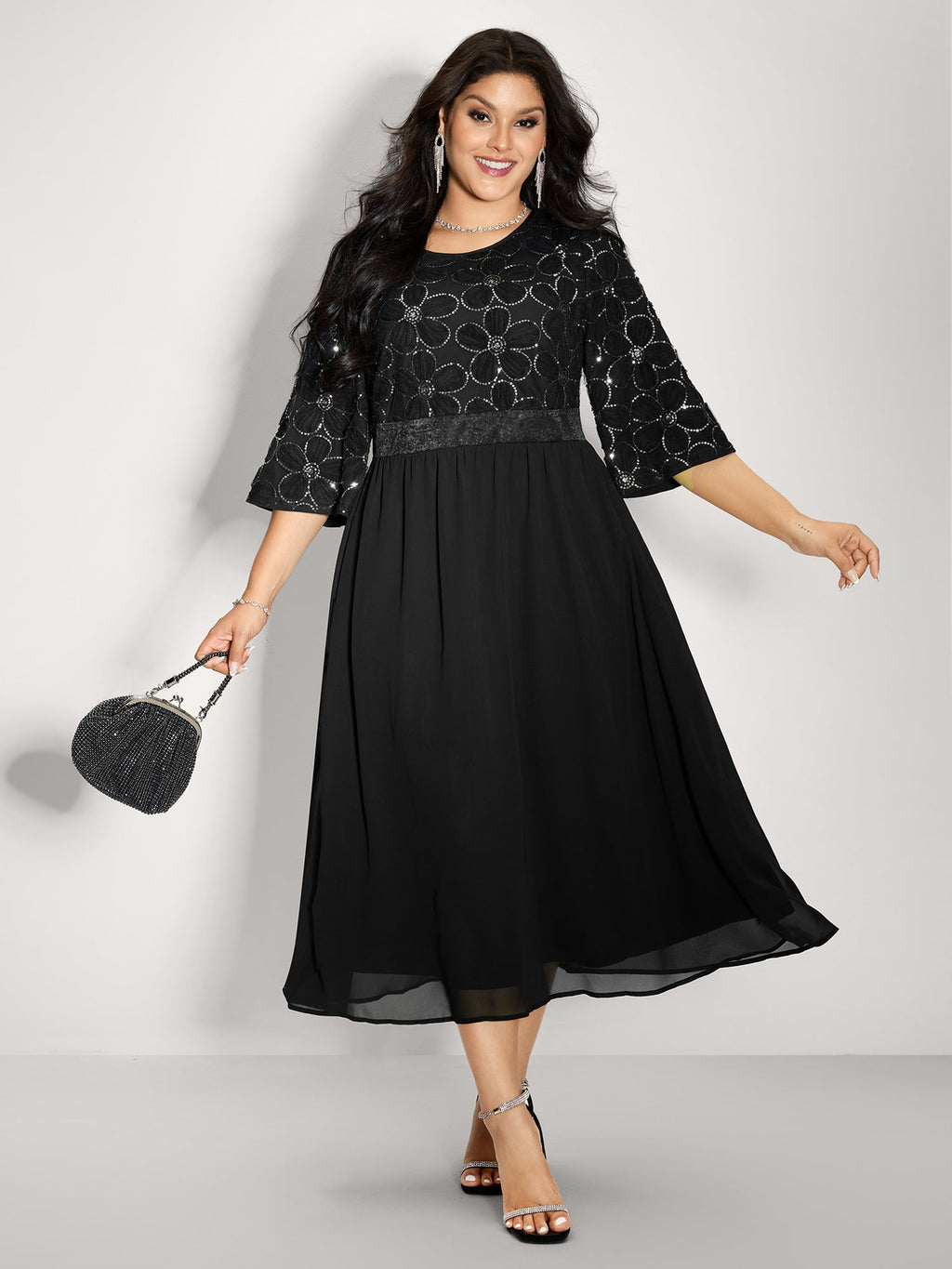 Sequin Floral Tulle Shirred Waist Maxi Dress