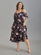 Floral Print Cold-Shoulder Pockets Midi Dress