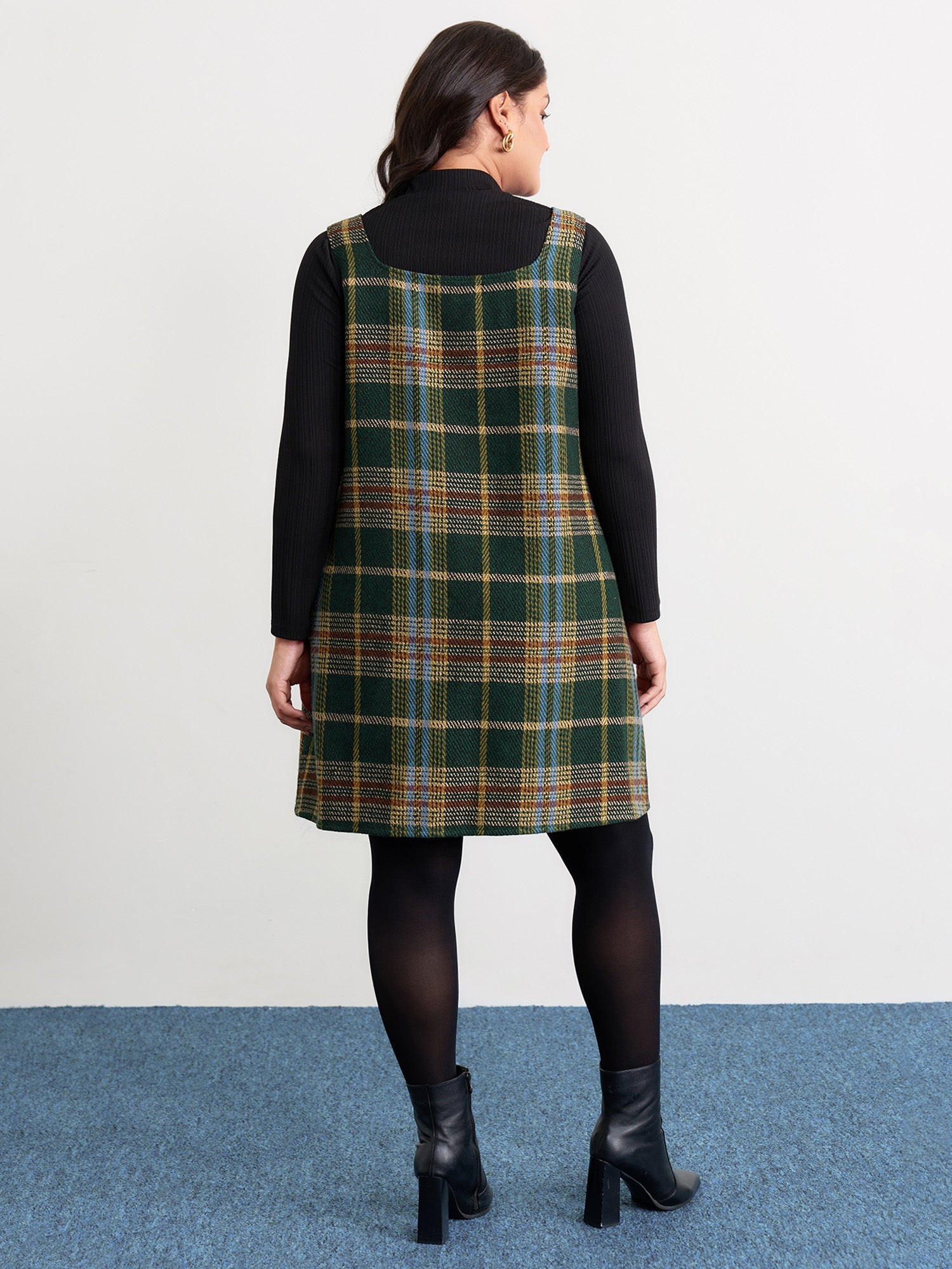 Plaid Pattern Slant Pockets Knee Dress
