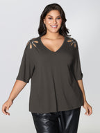 Cut-Out Shoulder Beads T-Shirt