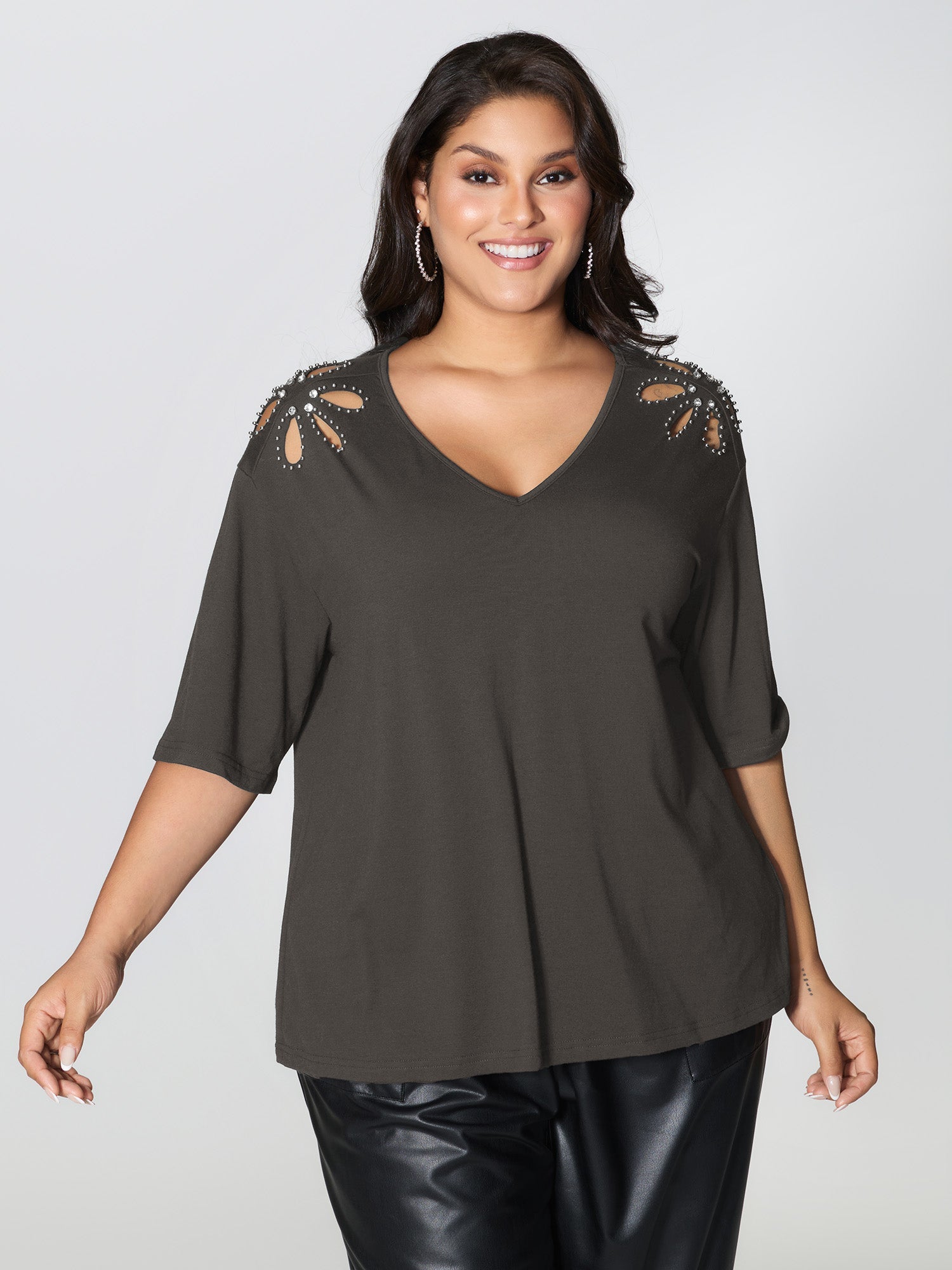 Cut-Out Shoulder Beads T-Shirt