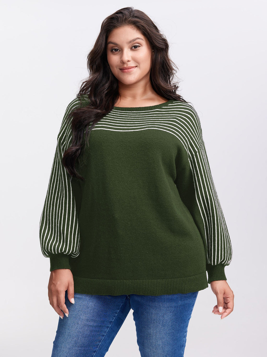 Stripe Boat Neck Balloon Sleeve Pullover