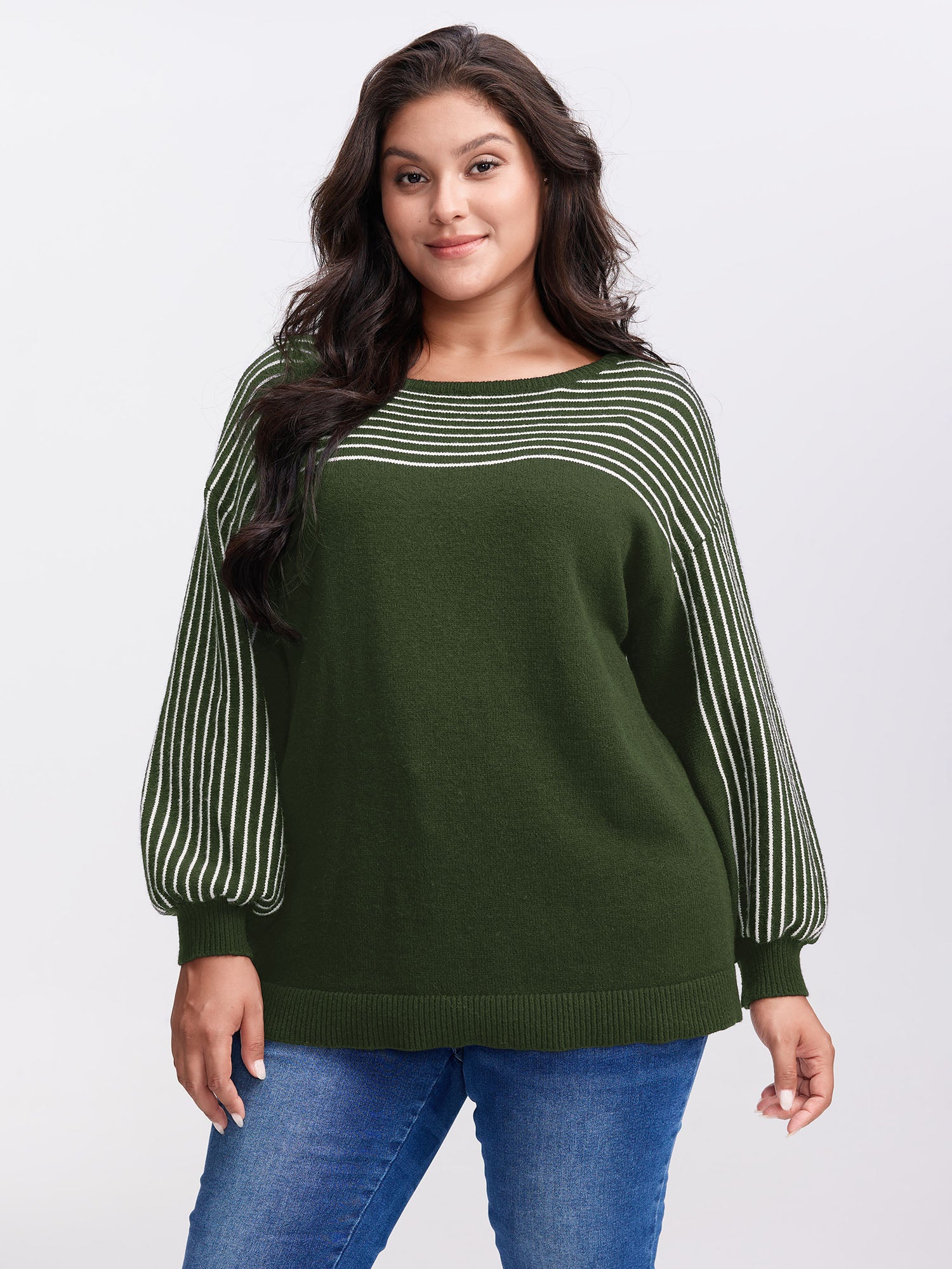 Stripe Boat Neck Balloon Sleeve Pullover
