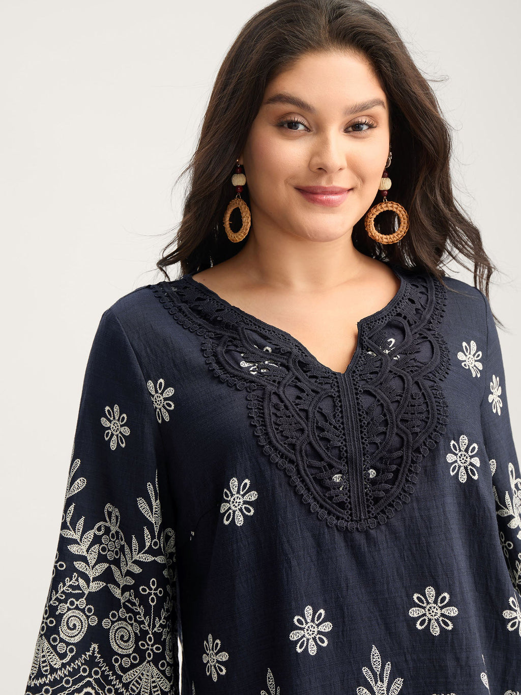 Boho Print Lace Neck Blouse