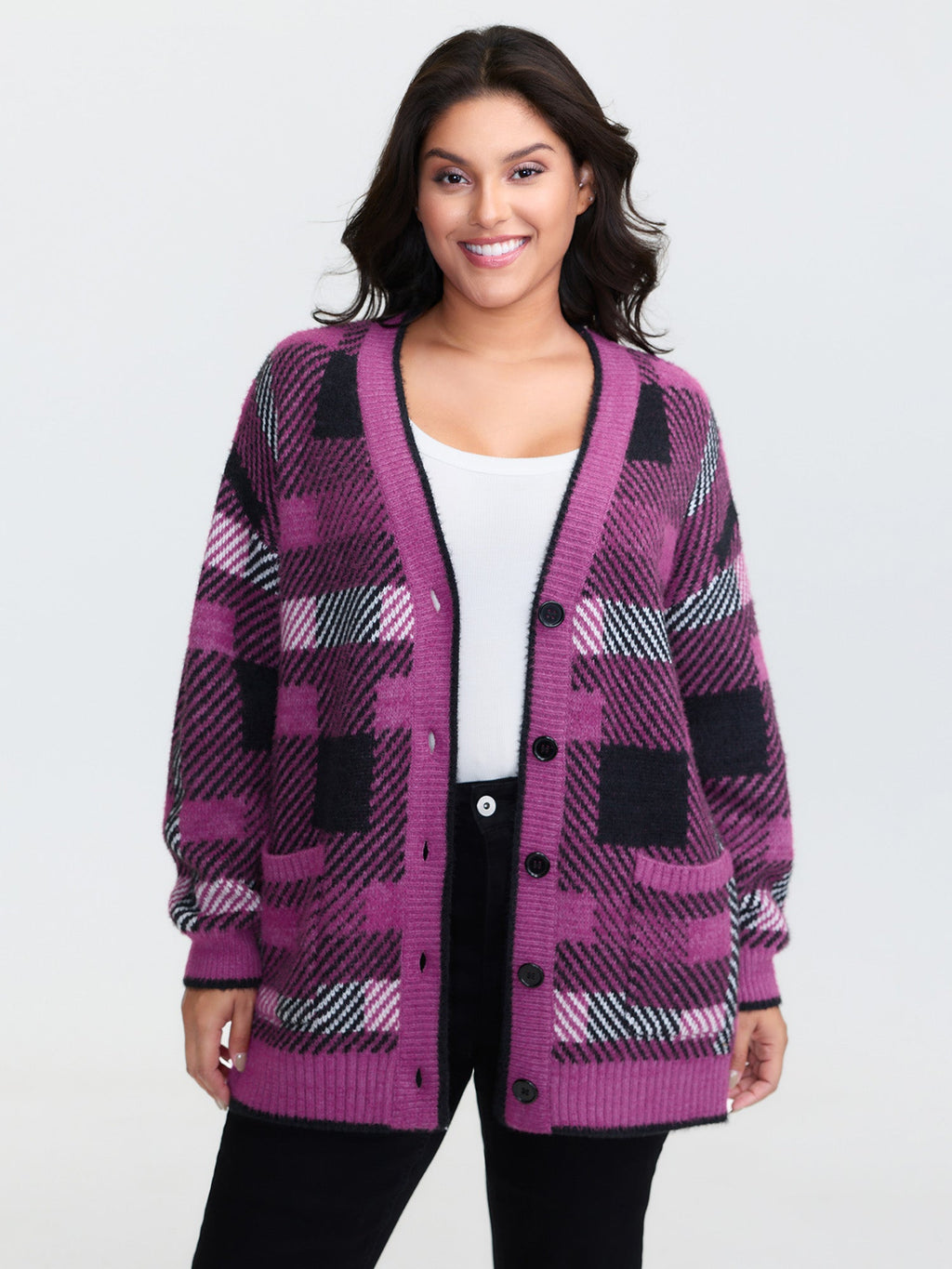 Fuzzy Plaid Pattern Button Knit Cardigan