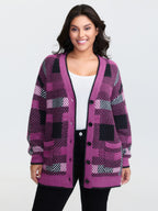 Fuzzy Plaid Pattern Button Knit Cardigan