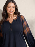 Stretchy Plaid Sleeve Split Neck T-Shirt