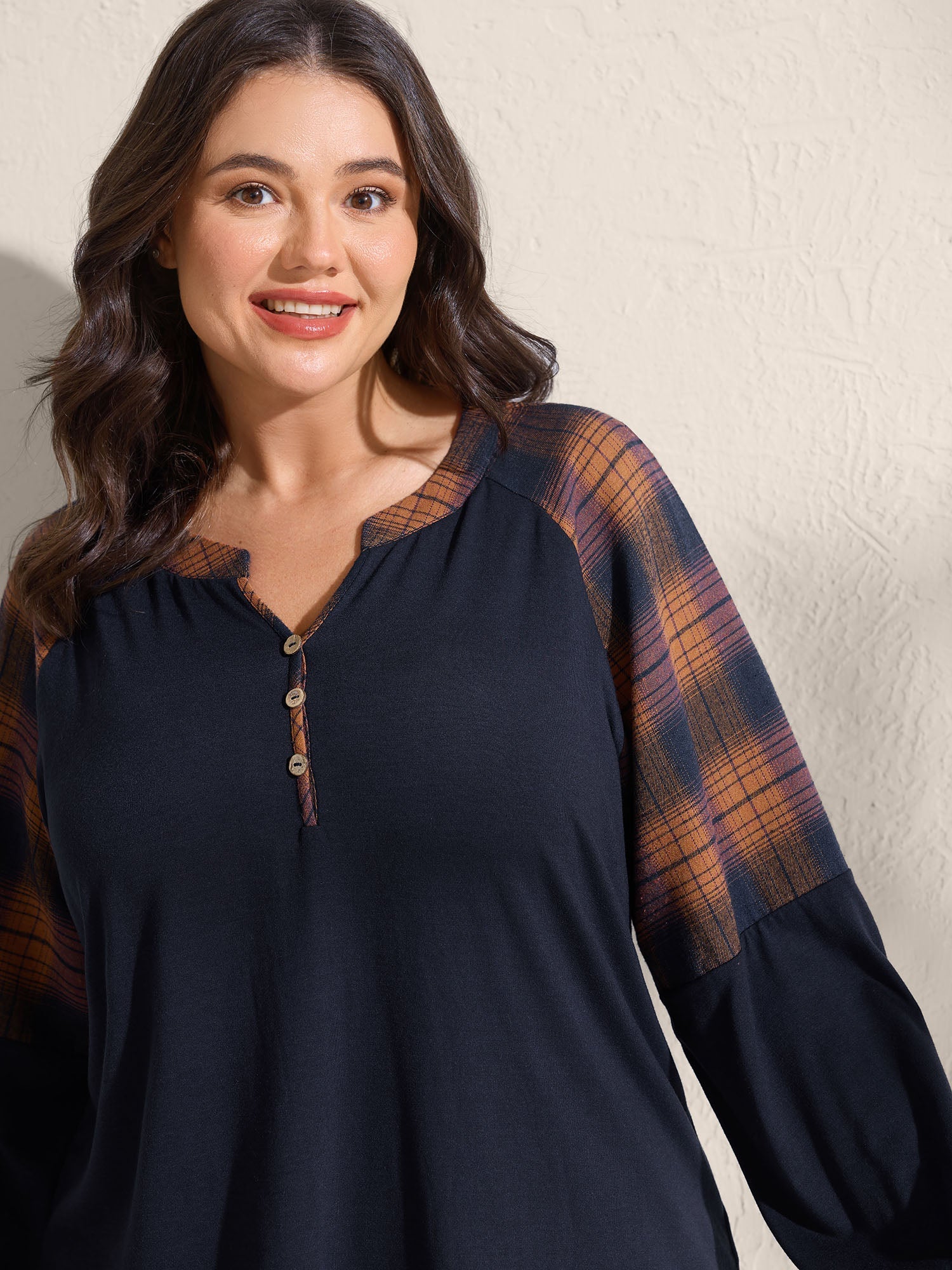 Stretchy Plaid Sleeve Split Neck T-Shirt