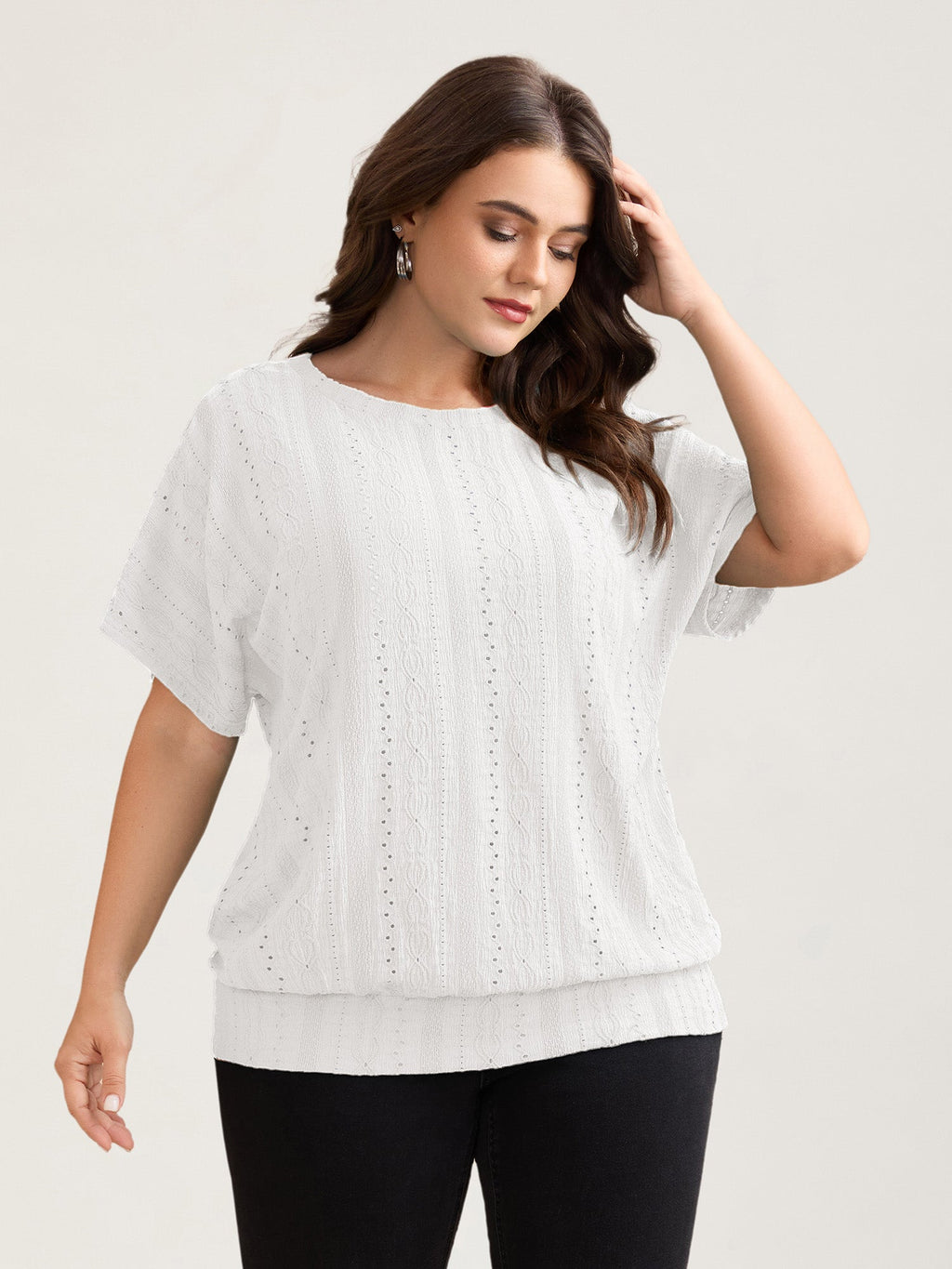 Eyelet Trim Stretchy Textured Plain Top