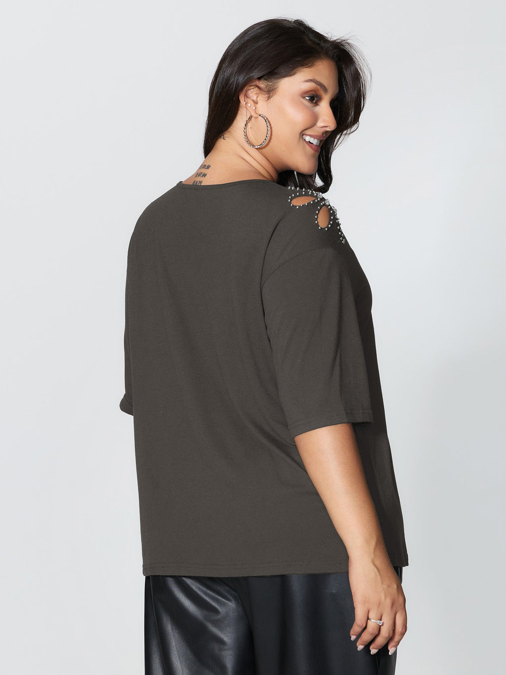 Cut-Out Shoulder Beads T-Shirt