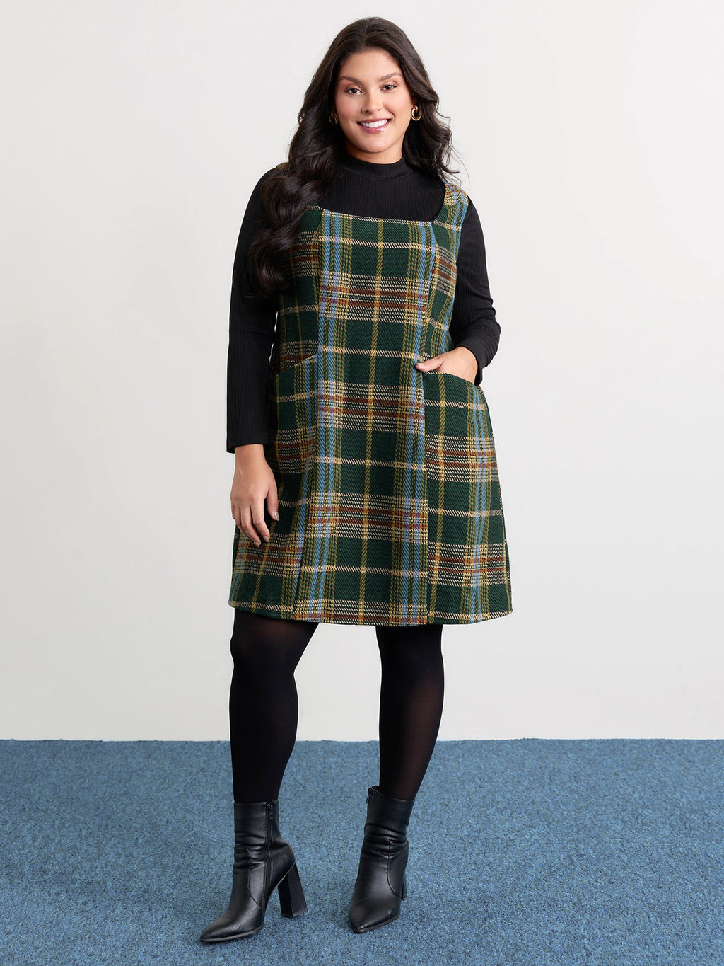 Plaid Pattern Slant Pockets Knee Dress