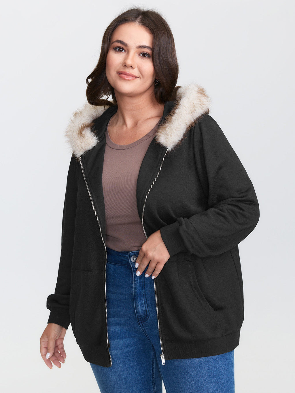 Fur Collar Stretchy Zipper Jacket