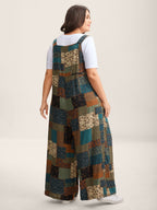 Vintage Boho Collage Overall Straps Jumpsuit