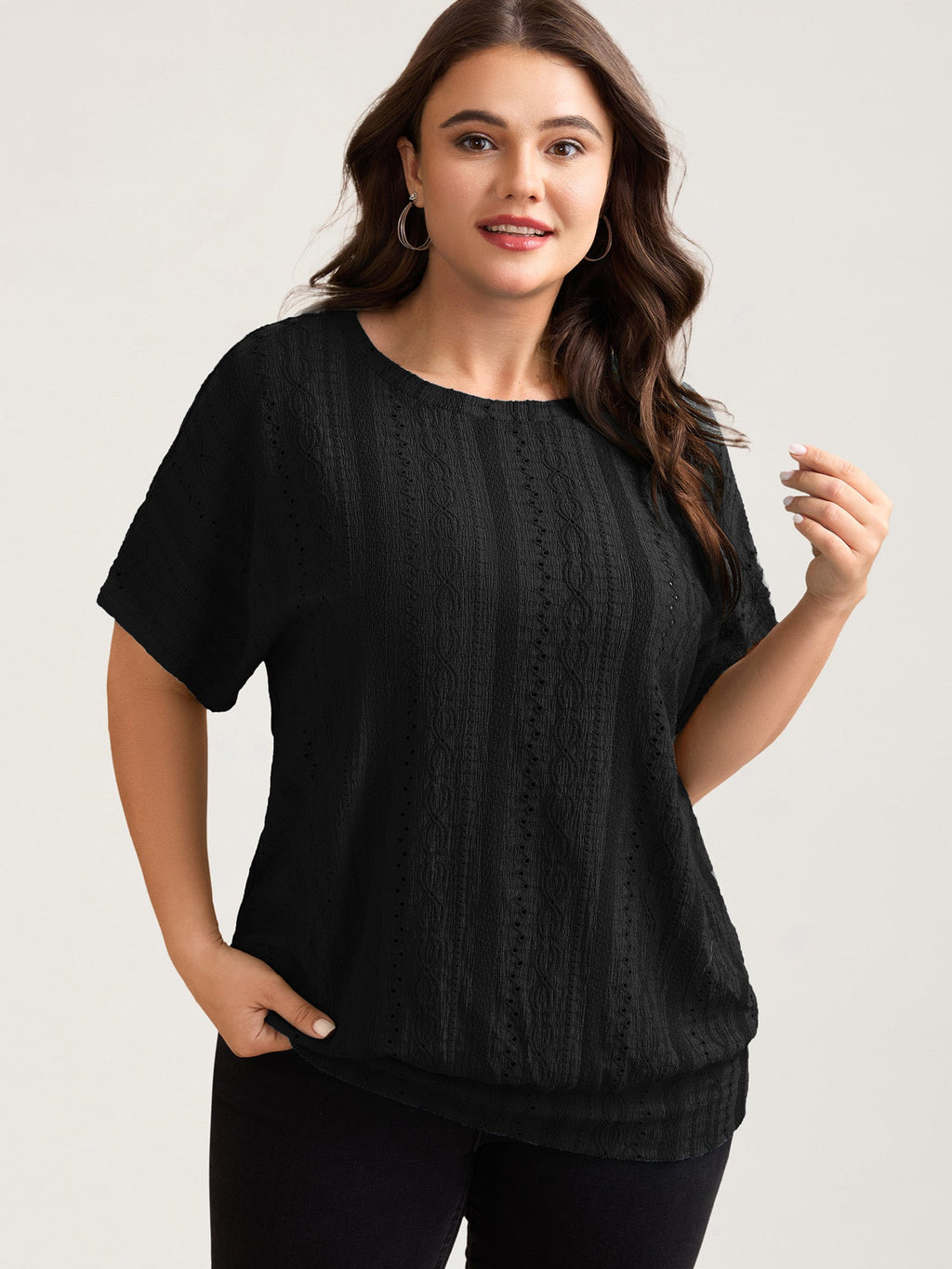 Eyelet Trim Stretchy Textured Plain Top