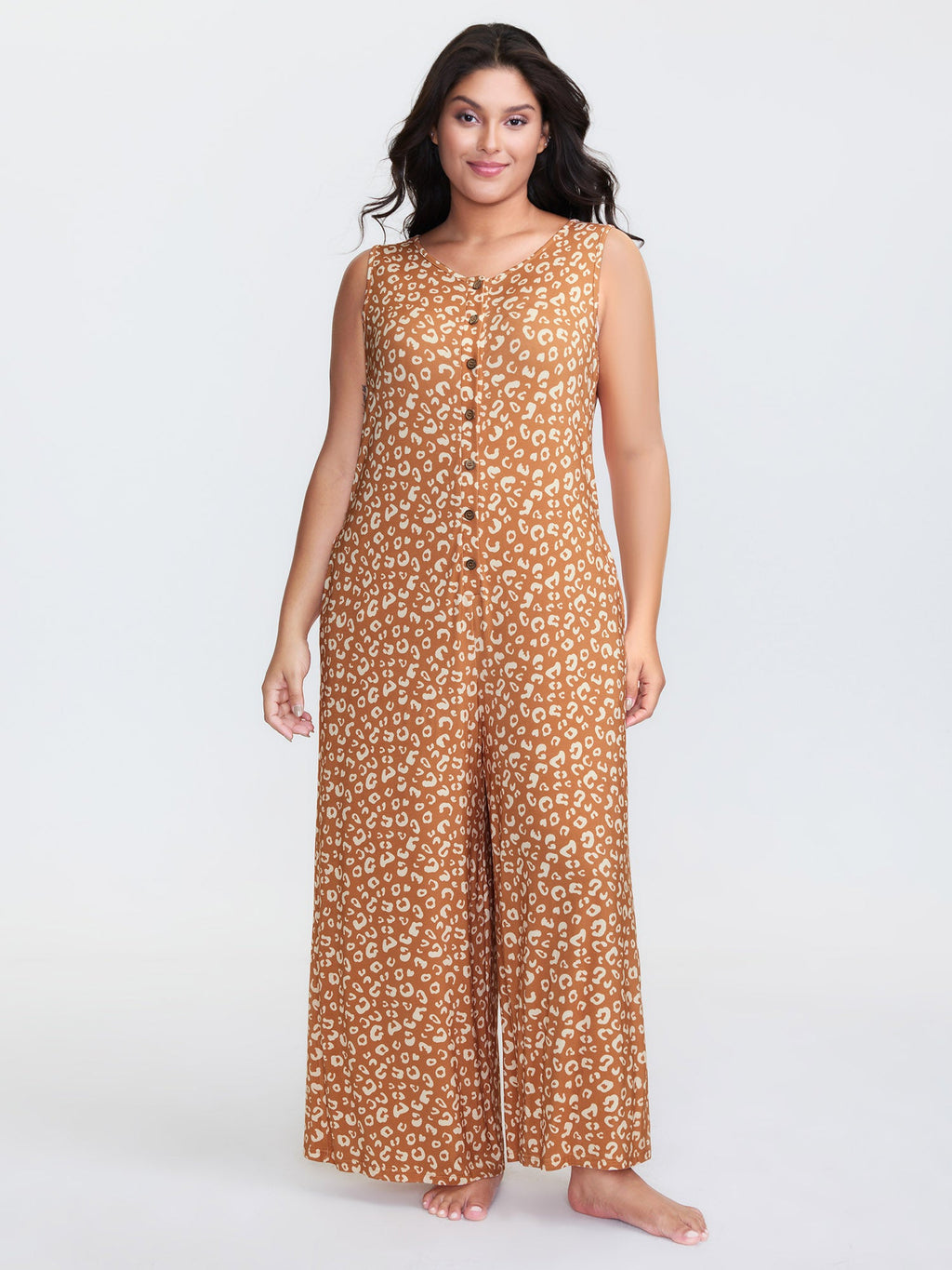 Leopard Print Sleeveless Button Front Lounge jumpsuit