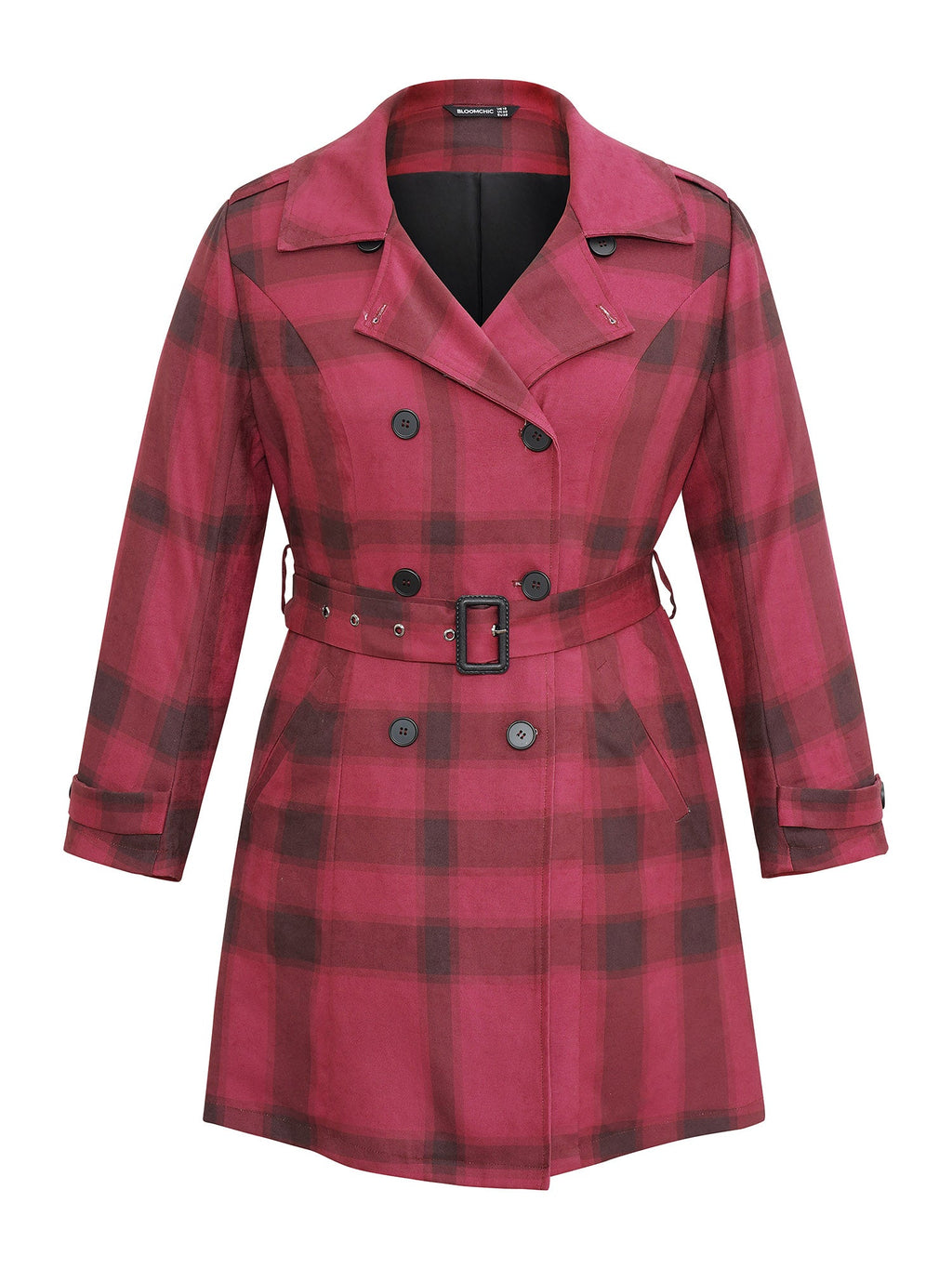 Lapel Collar Plaid Belted Double Breasted Coat
