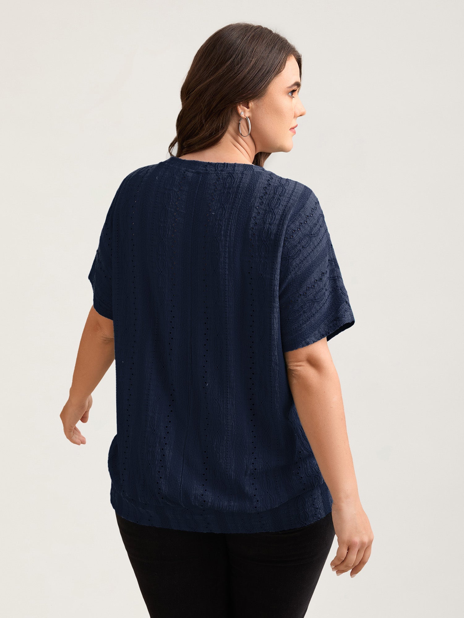 Eyelet Trim Stretchy Textured Plain Top