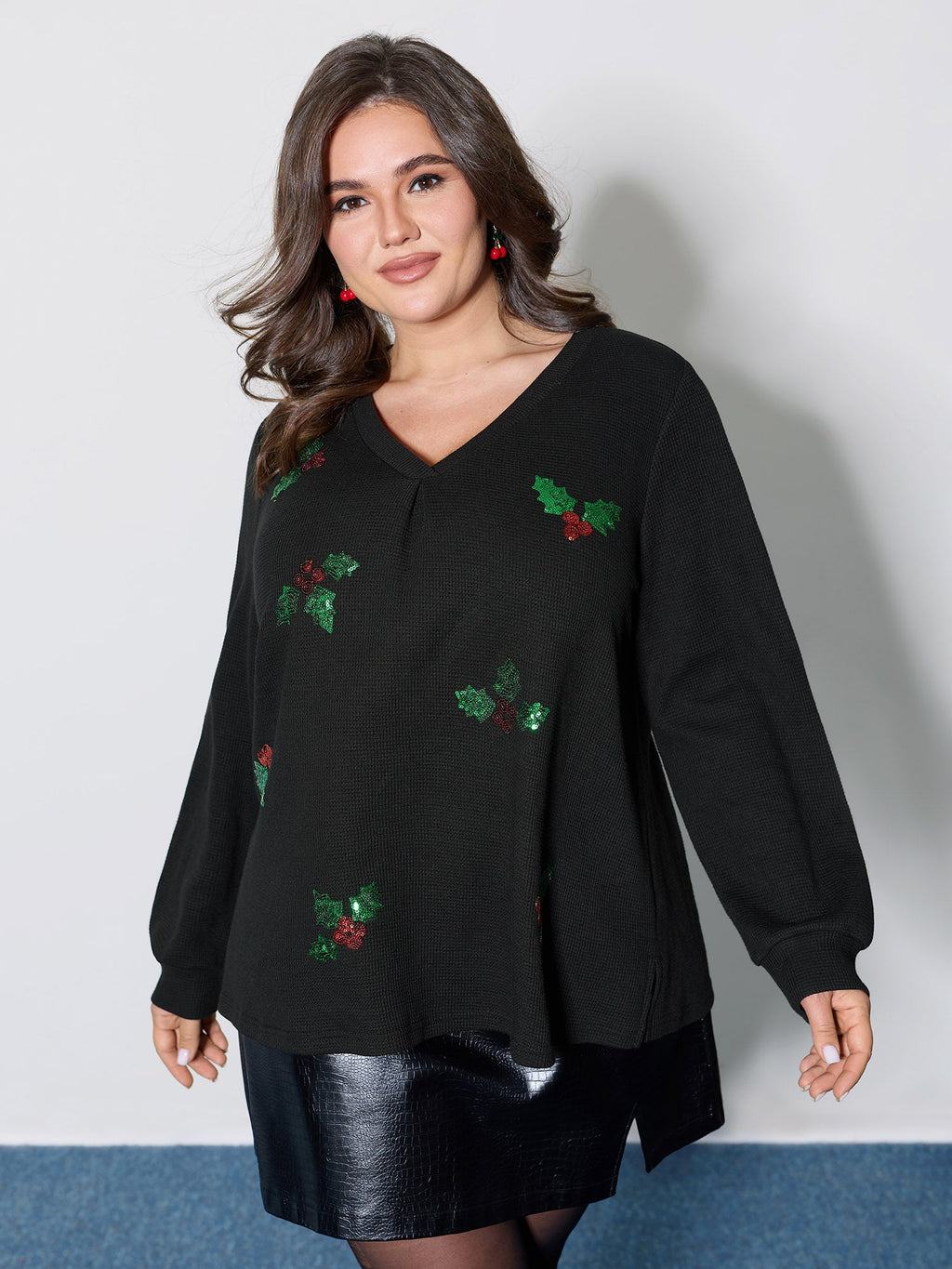 Holiday Elements Sequin Embroidery Textured Sweatshirt