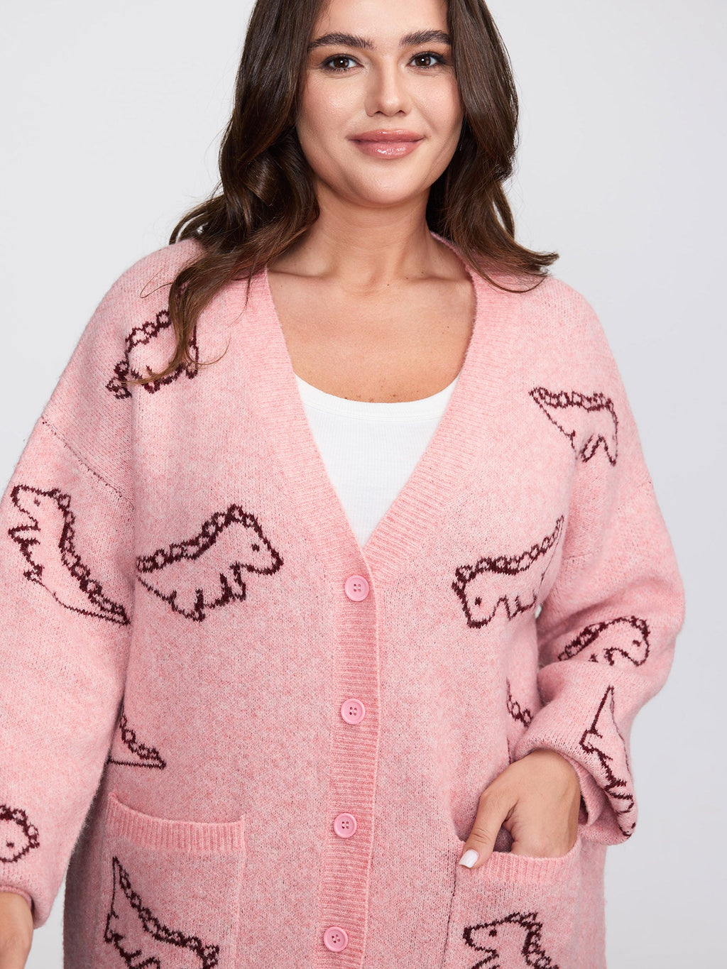 Jacquard Dinosaur Print Knit Cardigan