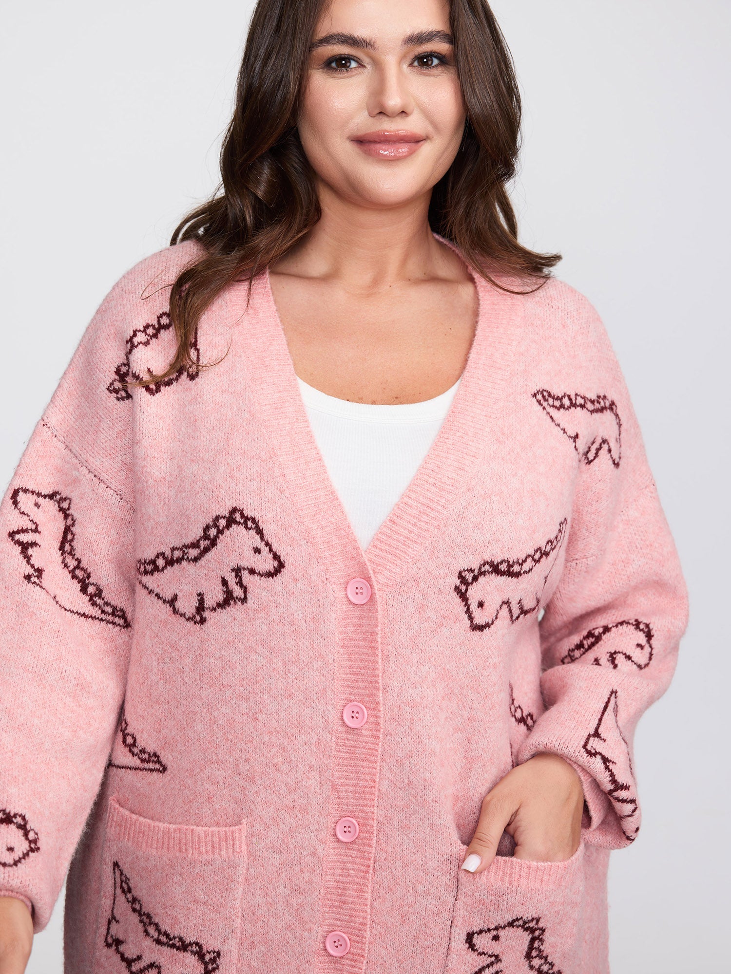 Jacquard Dinosaur Print Knit Cardigan