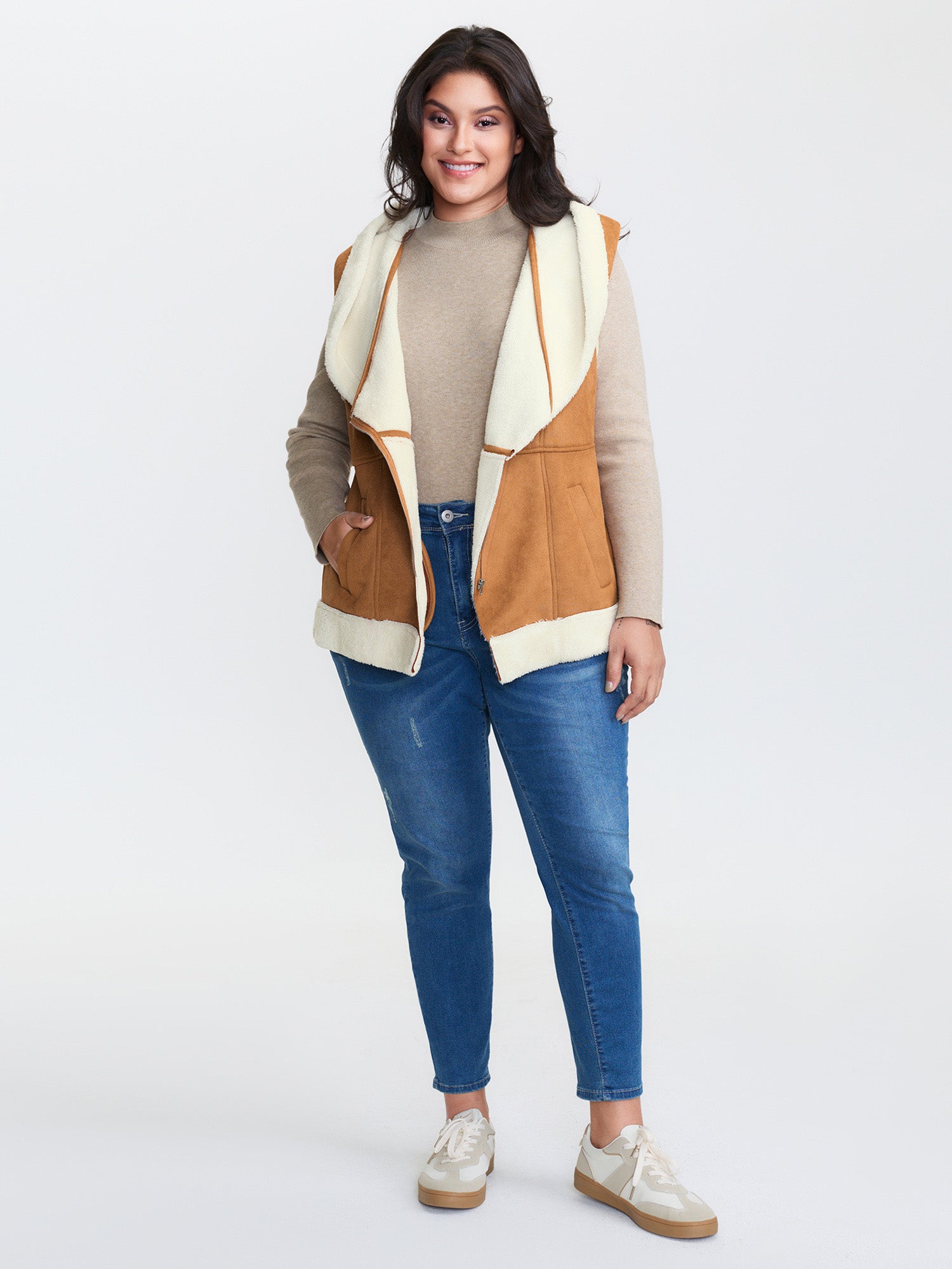 Suede Fluffy Zipper Hooded Vest Coat