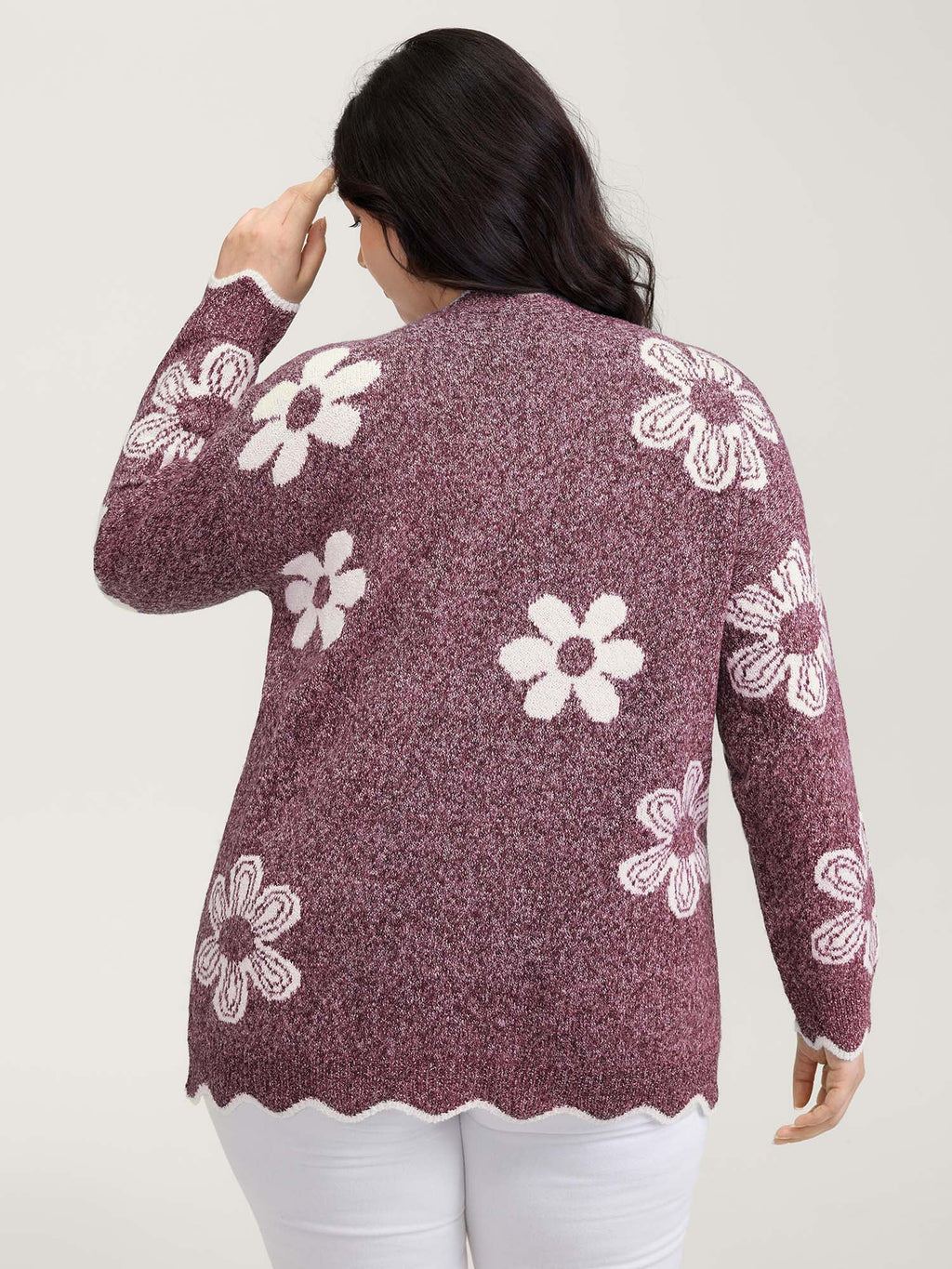 Floral Pattern Open-Front Knitted Cardigan