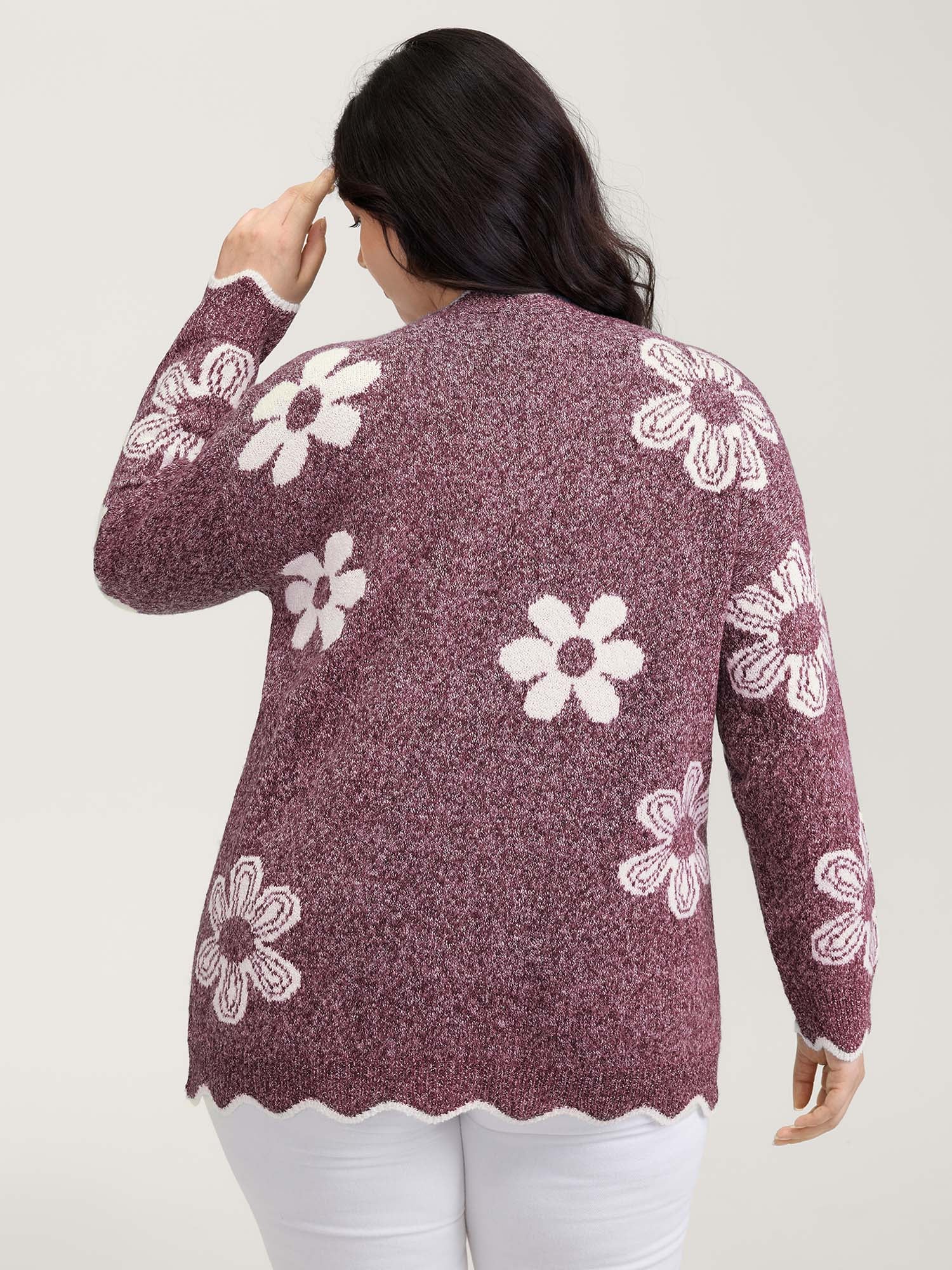 Floral Pattern Open-Front Knitted Cardigan