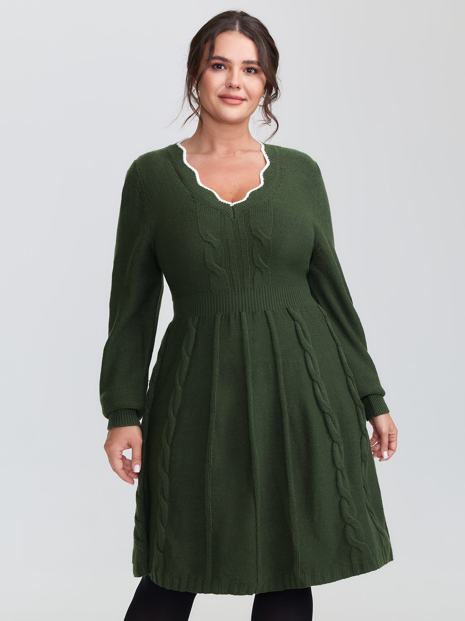 Scalloped V-Neck Fit and Flare Sweater Dress