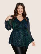 Sequin Mesh Lantern Sleeve Wrap Belted Striped Blouse