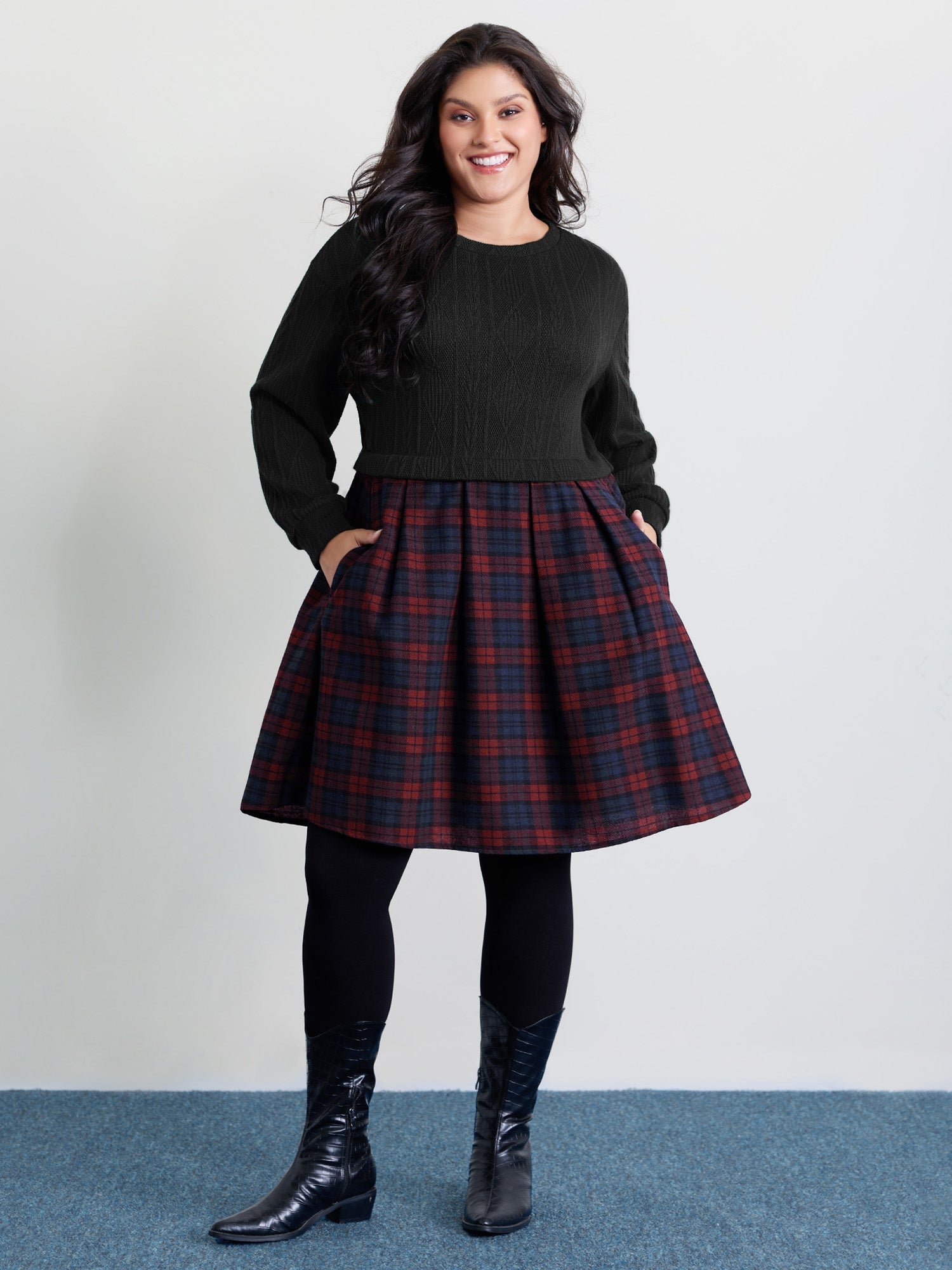 Layered Plaid Pockets Midi Dress