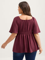 Stretchy Neckline Waist-Cinched Solid Blouse