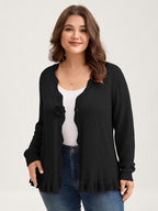 Supersoft Textured Floral Button Ruffled Hem Knit Cardigan