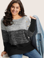 Colorblock Contrast Heather Button Detail Pullover