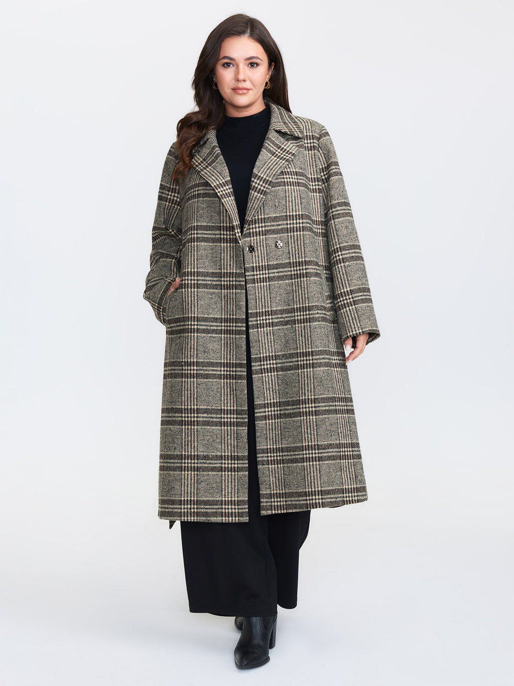 Plaid Belted Waist-Defining Coat