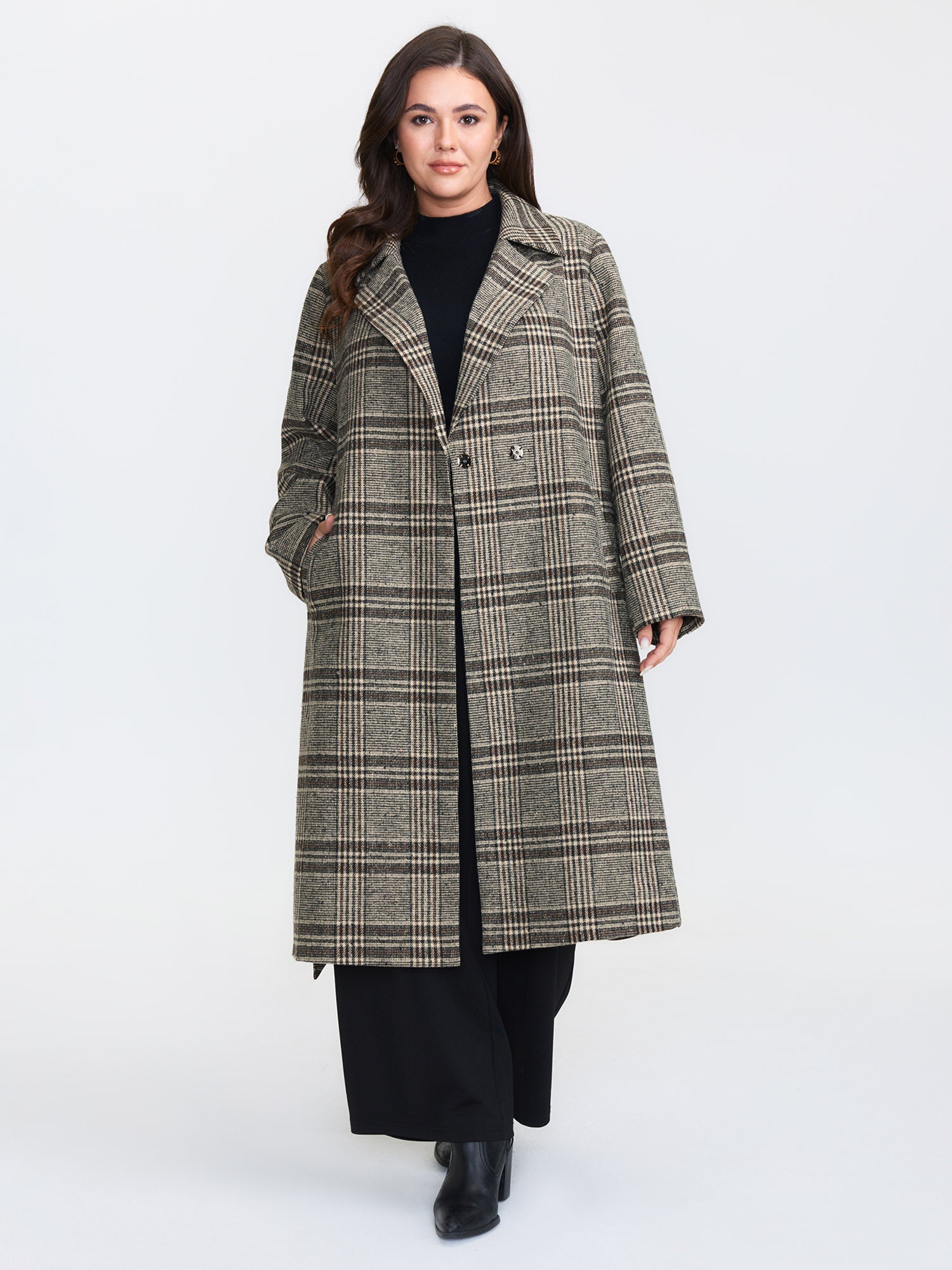 Plaid Belted Waist-Defining Coat