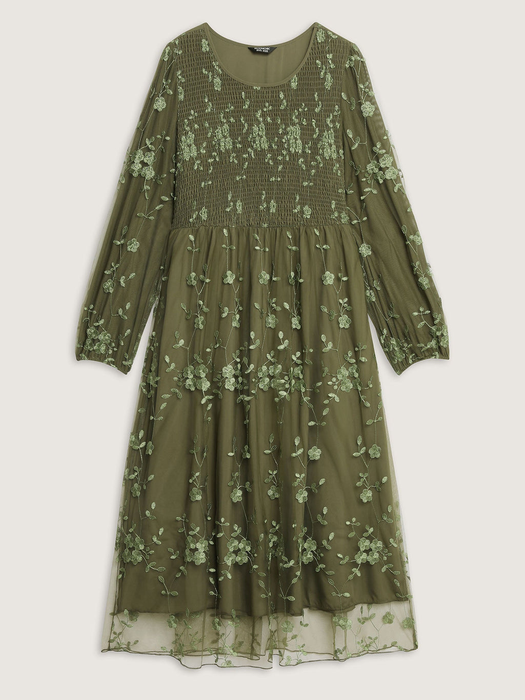 Floral Embroidered Shirred Lined Midi Dress