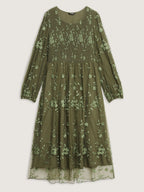 Floral Embroidered Shirred Lined Midi Dress