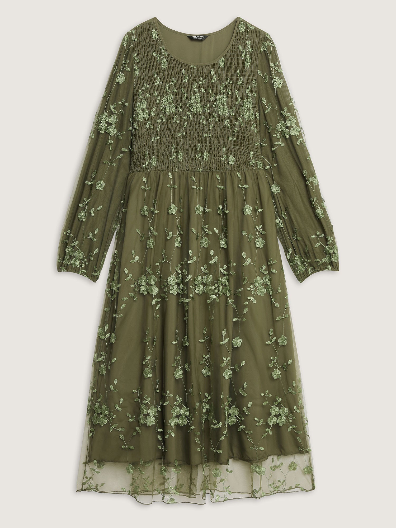 Floral Embroidered Shirred Lined Midi Dress