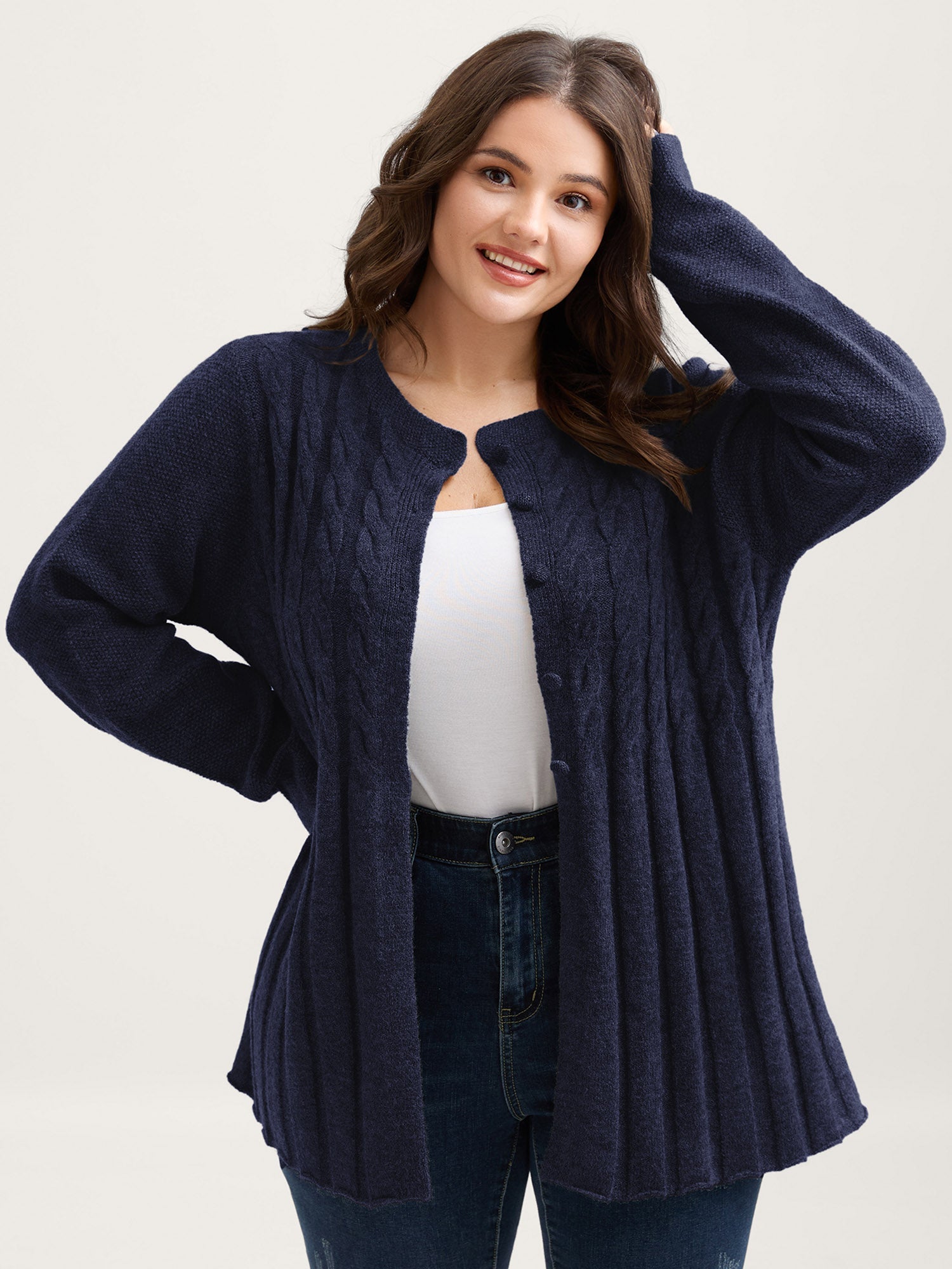 Cable Knit Round Neck Button Knit Cardigan