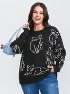 Cat Jacquard Pattern Drop Shoulder Pullover