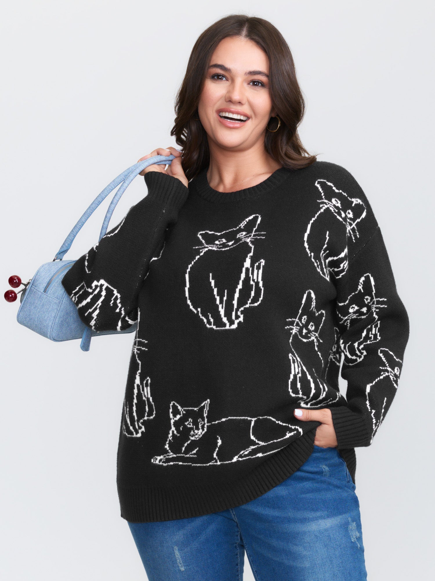 Cat Jacquard Pattern Drop Shoulder Pullover