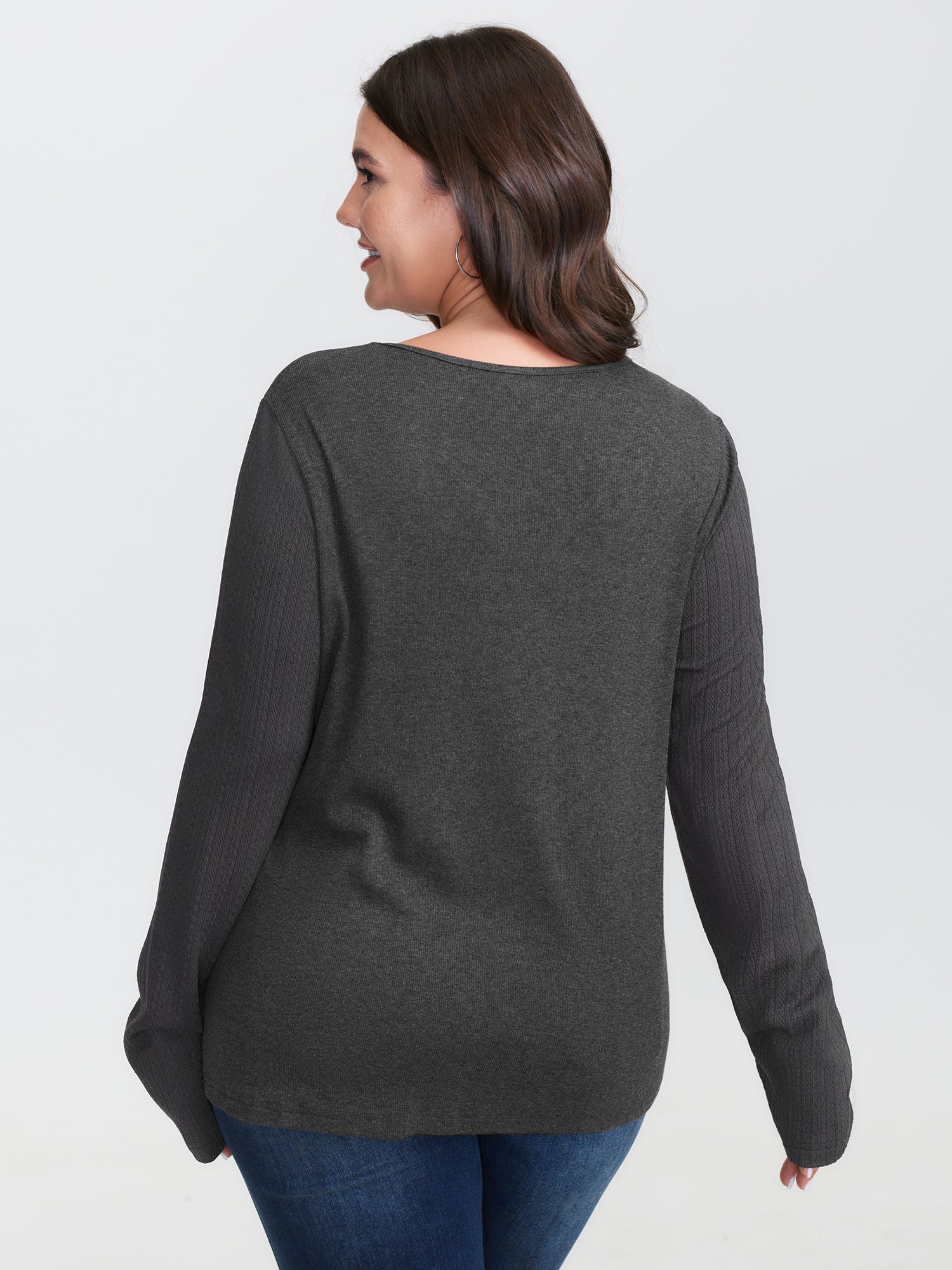 Textured Stretchy Cut-Out Neckline T-Shirt