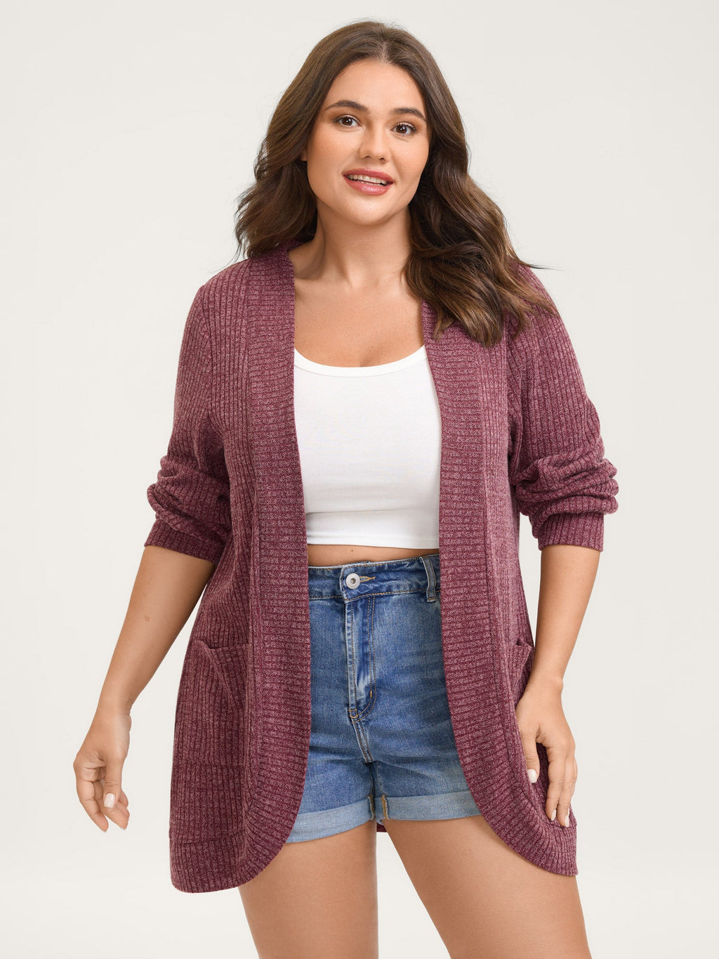 Heather Stretchy Textured Pockets Cardigan