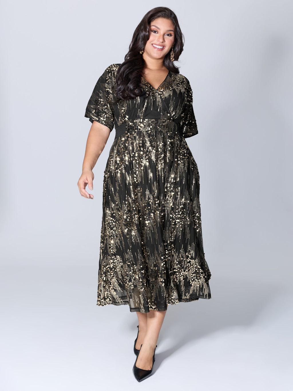 Sparkly Sequins Wrap Neck Midi Dress