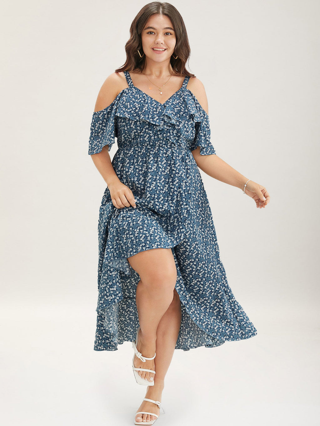 Ditsy Floral Pocket Wrap Cold Shoulder Ruffle Dress